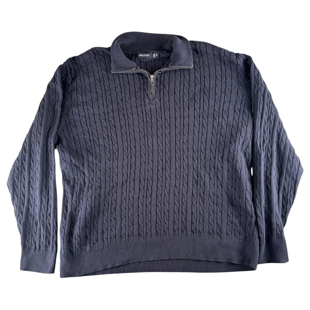 Nautica Mens XL Navy Blue Cable Knit Quarter Zip 100%‎ Cotton Pullover Sweater